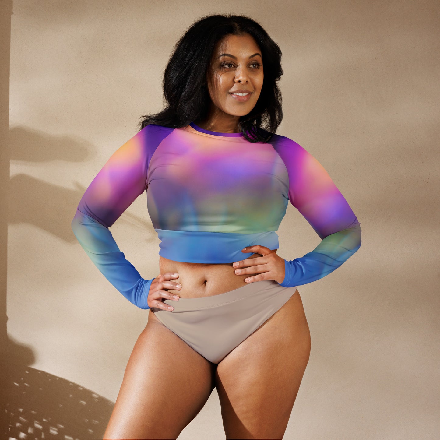 Long Sleeve Athletic Crop Top - Rainbow Aura Bubbles